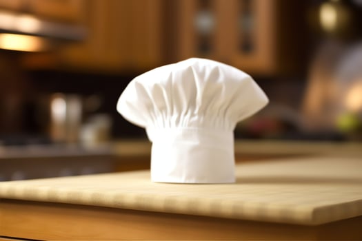 White cook hat in the kitchen table and copy space for your decoration. Advertising photography concept by AI Generated photo