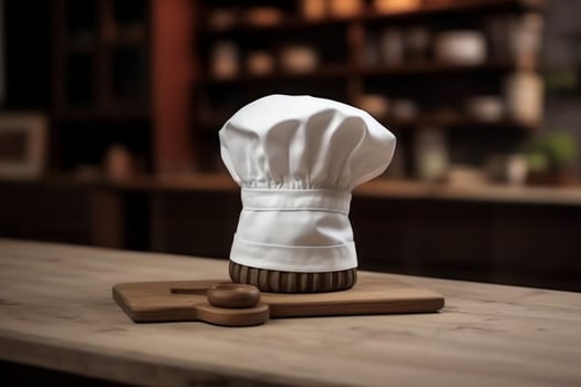 White cook hat in the kitchen table and copy space for your decoration. Advertising photography concept by AI Generated photo