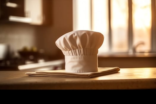White cook hat in the kitchen table and copy space for your decoration. Advertising photography concept by AI Generated photo