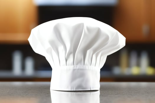 White cook hat in the kitchen table and copy space for your decoration. Advertising photography concept by AI Generated photo