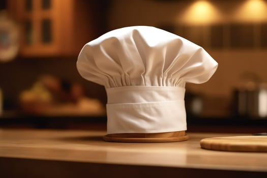 White cook hat in the kitchen table and copy space for your decoration. Advertising photography concept by AI Generated photo