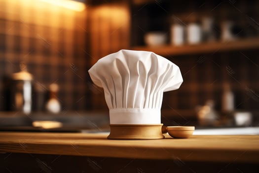 White cook hat in the kitchen table and copy space for your decoration. Advertising photography concept by AI Generated photo