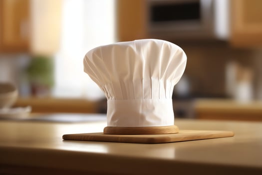 White cook hat in the kitchen table and copy space for your decoration. Advertising photography concept by AI Generated photo
