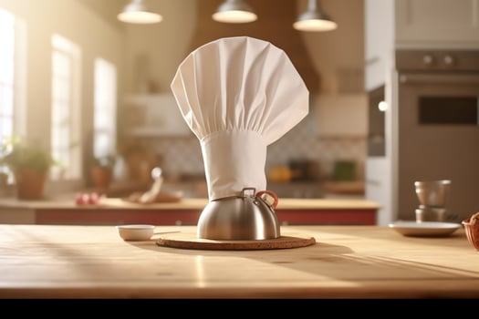 White cook hat in the kitchen table and copy space for your decoration. Advertising photography concept by AI Generated photo