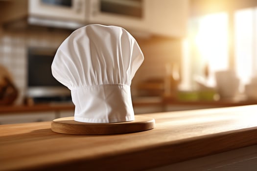 White cook hat in the kitchen table and copy space for your decoration. Advertising photography concept by AI Generated photo