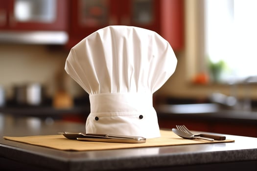 White cook hat in the kitchen table and copy space for your decoration. Advertising photography concept by AI Generated photo