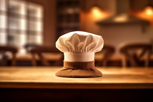 White cook hat in the kitchen table and copy space for your decoration. Advertising photography concept by AI Generated photo