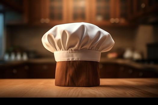 White cook hat in the kitchen table and copy space for your decoration. Advertising photography concept by AI Generated photo