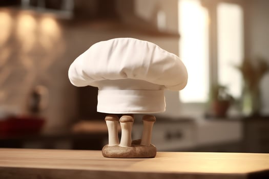 White cook hat in the kitchen table and copy space for your decoration. Advertising photography concept by AI Generated photo