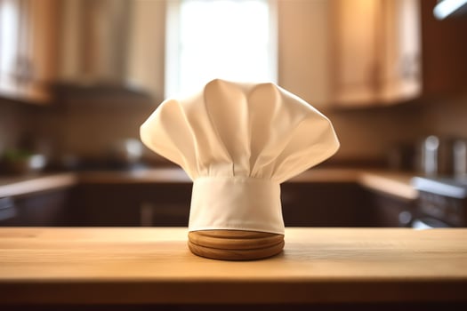White cook hat in the kitchen table and copy space for your decoration. Advertising photography concept by AI Generated photo