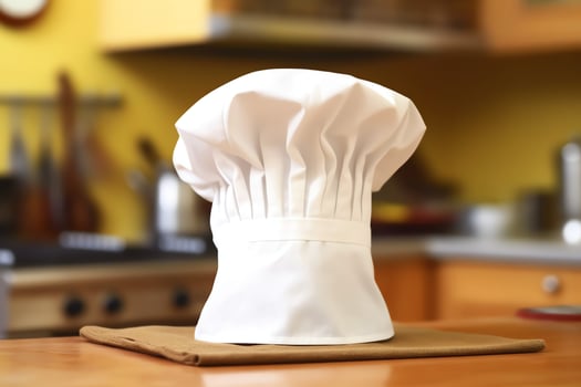 White cook hat in the kitchen table and copy space for your decoration. Advertising photography concept by AI Generated photo