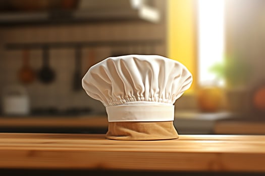 White cook hat in the kitchen table and copy space for your decoration. Advertising photography concept by AI Generated photo