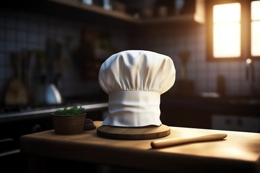 White cook hat in the kitchen table and copy space for your decoration. Advertising photography concept by AI Generated photo