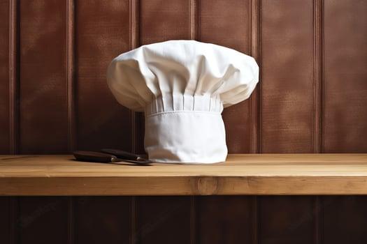 White cook hat in the kitchen table and copy space for your decoration. Advertising photography concept by AI Generated photo