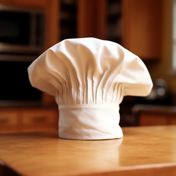 White cook hat in the kitchen table and copy space for your decoration. Advertising photography concept by AI Generated photo
