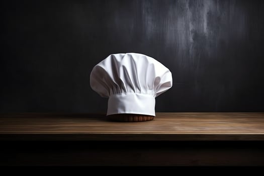 White cook hat in the kitchen table and copy space for your decoration. Advertising photography concept by AI Generated photo
