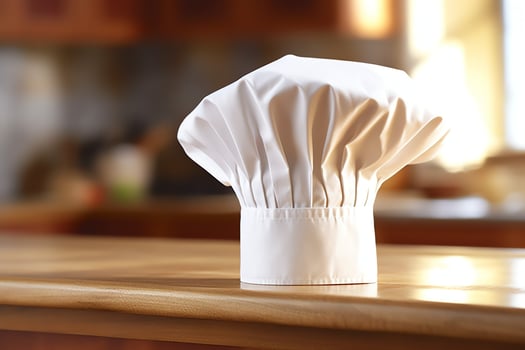 White cook hat in the kitchen table and copy space for your decoration. Advertising photography concept by AI Generated photo