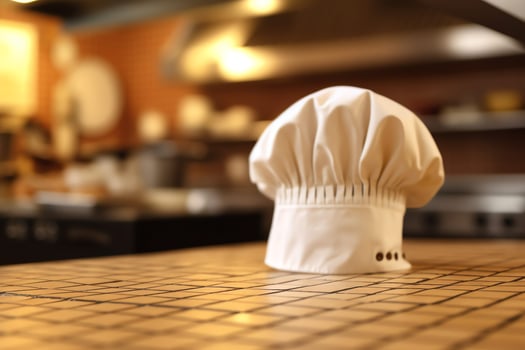 White cook hat in the kitchen table and copy space for your decoration. Advertising photography concept by AI Generated photo