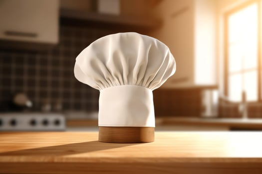 White cook hat in the kitchen table and copy space for your decoration. Advertising photography concept by AI Generated photo