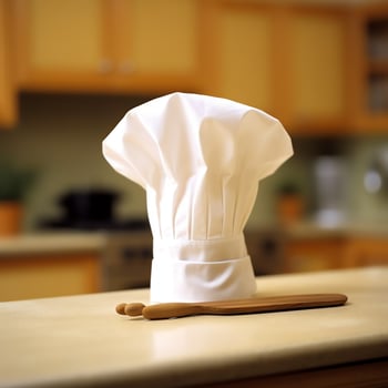 White cook hat in the kitchen table and copy space for your decoration. Advertising photography concept by AI Generated photo
