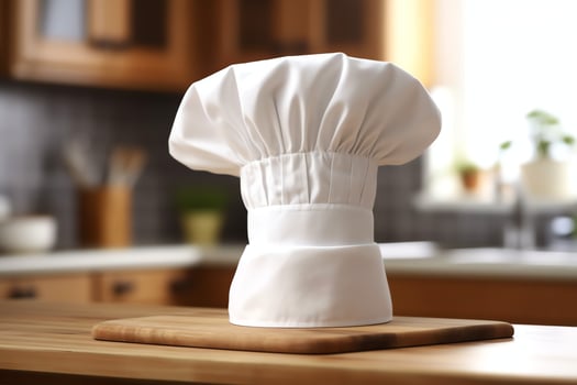 White cook hat in the kitchen table and copy space for your decoration. Advertising photography concept by AI Generated photo