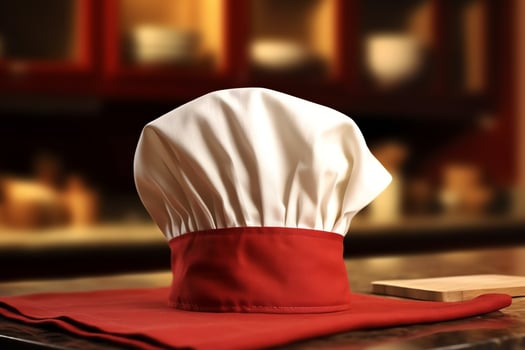 White cook hat in the kitchen table and copy space for your decoration. Advertising photography concept by AI Generated photo