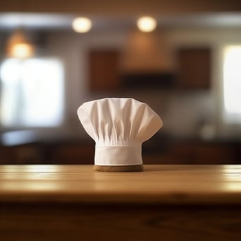 White cook hat in the kitchen table and copy space for your decoration. Advertising photography concept by AI Generated photo