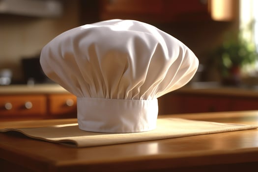 White cook hat in the kitchen table and copy space for your decoration. Advertising photography concept by AI Generated photo