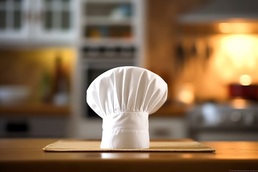 White cook hat in the kitchen table and copy space for your decoration. Advertising photography concept by AI Generated photo
