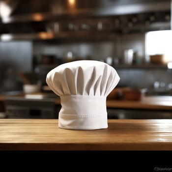 White cook hat in the kitchen table and copy space for your decoration. Advertising photography concept by AI Generated photo
