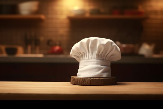White cook hat in the kitchen table and copy space for your decoration. Advertising photography concept by AI Generated photo