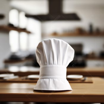 White cook hat in the kitchen table and copy space for your decoration. Advertising photography concept by AI Generated photo