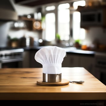 White cook hat in the kitchen table and copy space for your decoration. Advertising photography concept by AI Generated photo