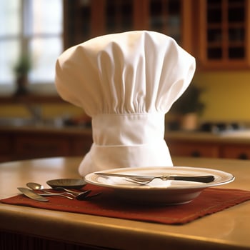 White cook hat in the kitchen table and copy space for your decoration. Advertising photography concept by AI Generated photo