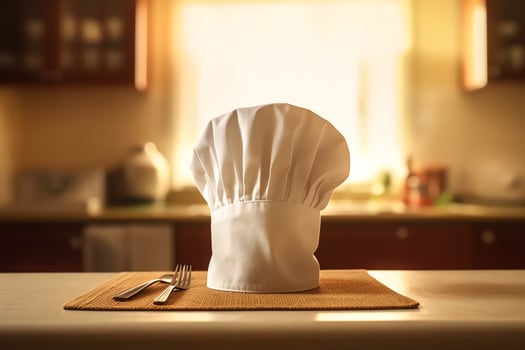 White cook hat in the kitchen table and copy space for your decoration. Advertising photography concept by AI Generated photo