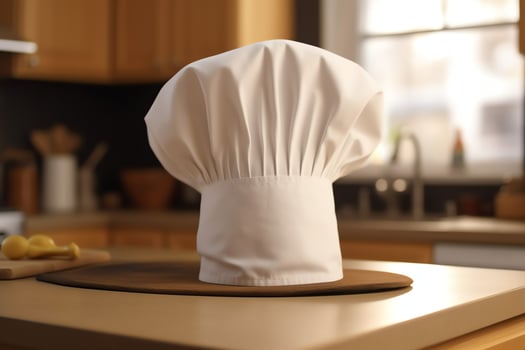 White cook hat in the kitchen table and copy space for your decoration. Advertising photography concept by AI Generated photo