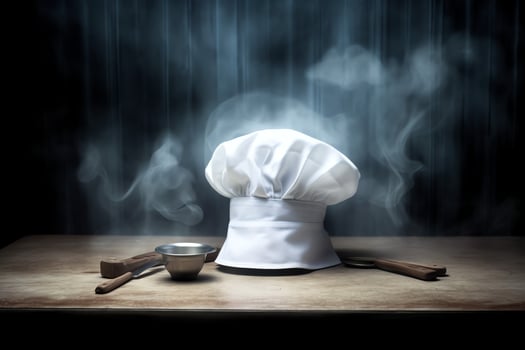White cook hat in the kitchen table and copy space for your decoration. Advertising photography concept by AI Generated photo