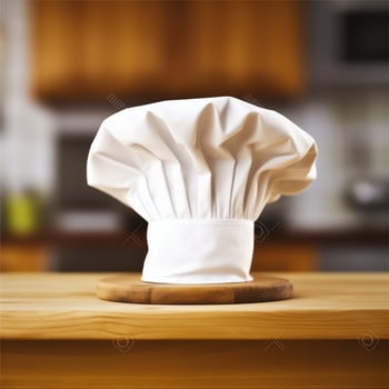 White cook hat in the kitchen table and copy space for your decoration. Advertising photography concept by AI Generated photo
