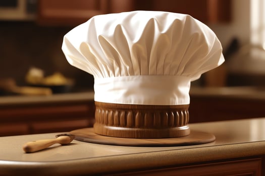 White cook hat in the kitchen table and copy space for your decoration. Advertising photography concept by AI Generated photo