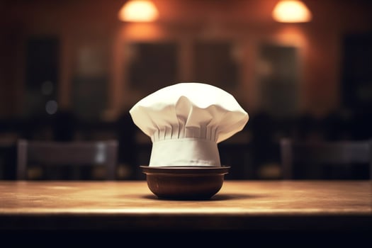 White cook hat in the kitchen table and copy space for your decoration. Advertising photography concept by AI Generated photo