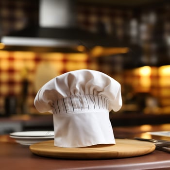 White cook hat in the kitchen table and copy space for your decoration. Advertising photography concept by AI Generated photo