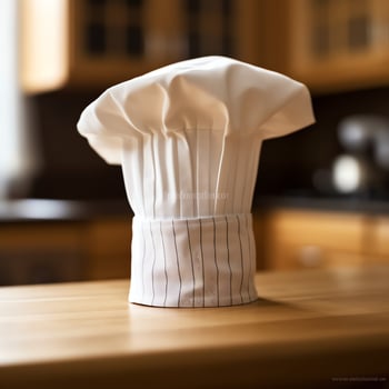 White cook hat in the kitchen table and copy space for your decoration. Advertising photography concept by AI Generated photo