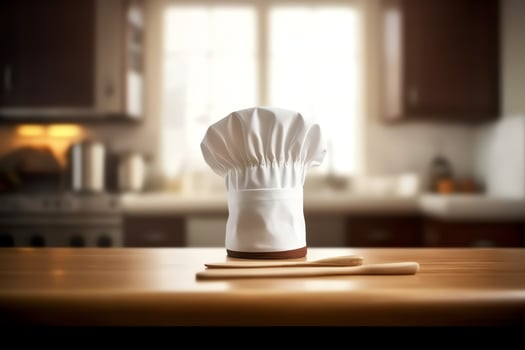 White cook hat in the kitchen table and copy space for your decoration. Advertising photography concept by AI Generated photo