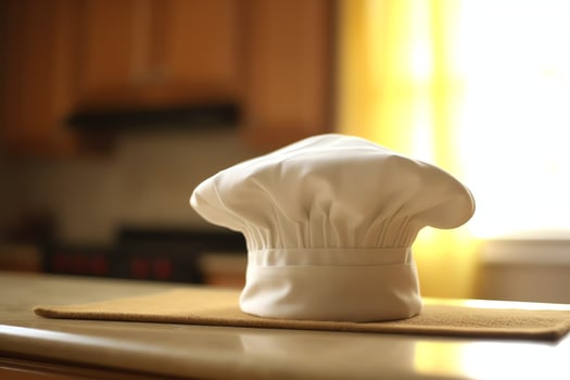 White cook hat in the kitchen table and copy space for your decoration. Advertising photography concept by AI Generated photo