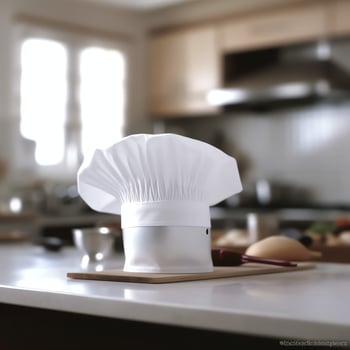 White cook hat in the kitchen table and copy space for your decoration. Advertising photography concept by AI Generated photo