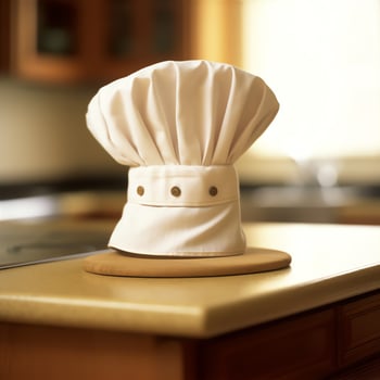 White cook hat in the kitchen table and copy space for your decoration. Advertising photography concept by AI Generated photo