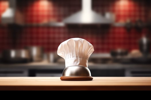 White cook hat in the kitchen table and copy space for your decoration. Advertising photography concept by AI Generated photo