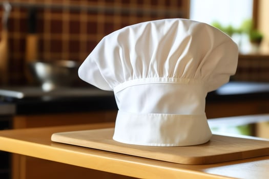 White cook hat in the kitchen table and copy space for your decoration. Advertising photography concept by AI Generated photo