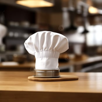 White cook hat in the kitchen table and copy space for your decoration. Advertising photography concept by AI Generated photo