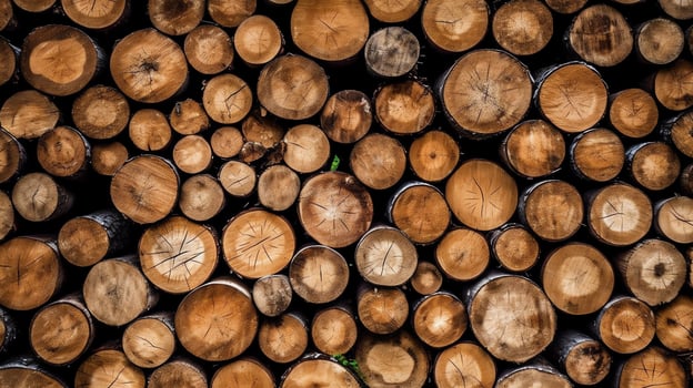 A large circular piece of wood, wooden trunk or stacked tree lumber for furniture industry. Wooden log concept by AI Generated photo